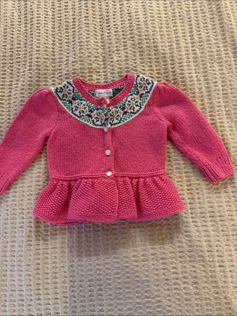 Ralph Lauren Pink Knit Peplum Cardigan with Fair Isle Yoke